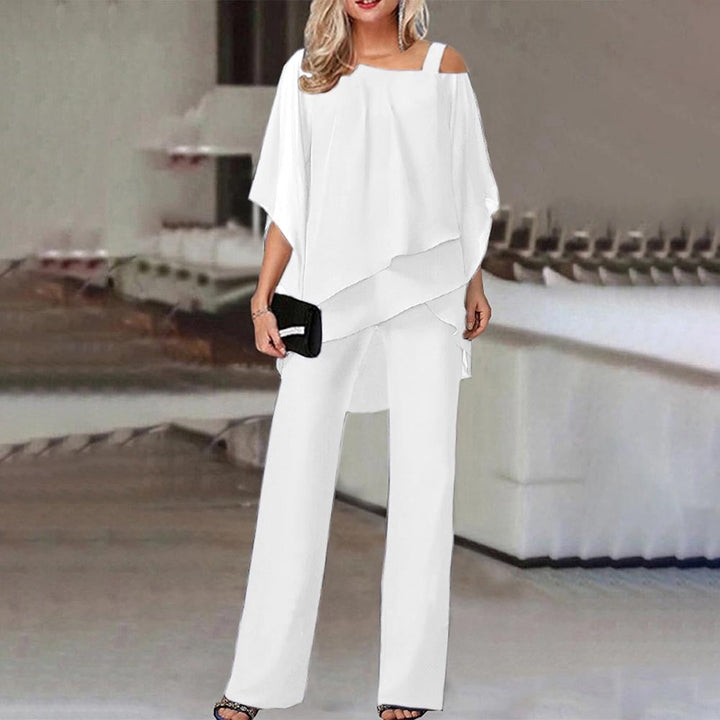Set da donna 2 pezzi – Top asimmetrico con look spalle scoperte & pantaloni larghi – Outfit elegante per eventi & serate estive