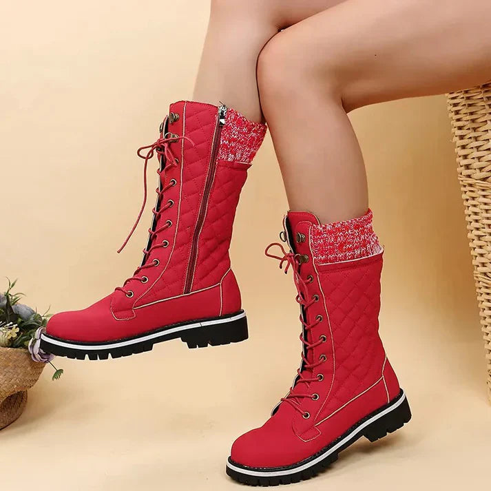 Bottes d'hiver doublées pour femmes avec lacets et fermeture éclair – Bottines chaudes avec bord en tricot et semelle profilée