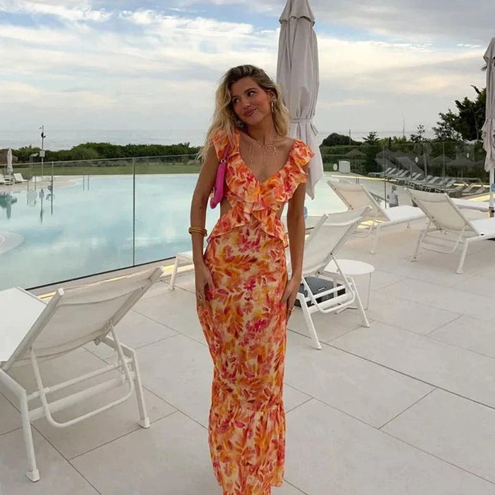 Abito estivo lungo con volant – Abito lungo femminile con motivo tropicale e scollo a V