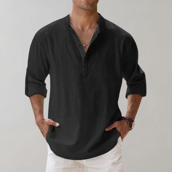 Chemise légère en lin pour homme – chemise à manches longues avec encolure en V et manches retroussables pour l'été et les loisirs