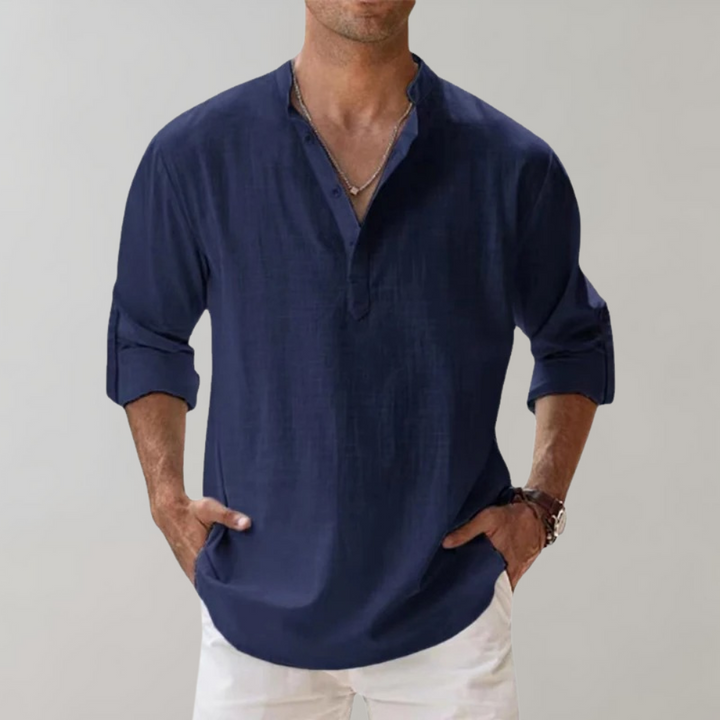 Chemise légère en lin pour homme – chemise à manches longues avec encolure en V et manches retroussables pour l'été et les loisirs