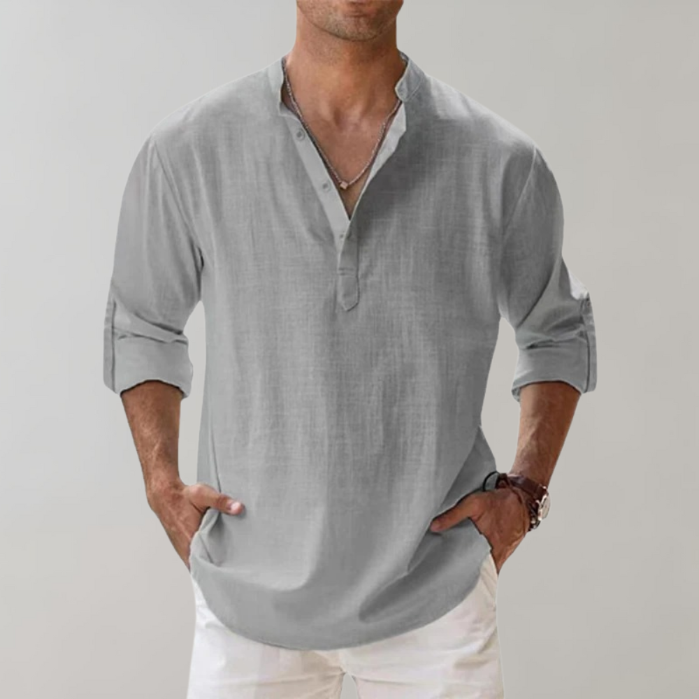 Chemise légère en lin pour homme – chemise à manches longues avec encolure en V et manches retroussables pour l'été et les loisirs