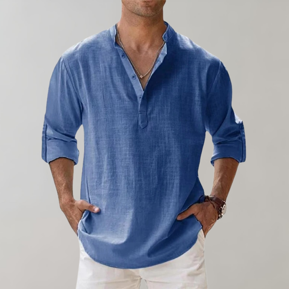Chemise légère en lin pour homme – chemise à manches longues avec encolure en V et manches retroussables pour l'été et les loisirs