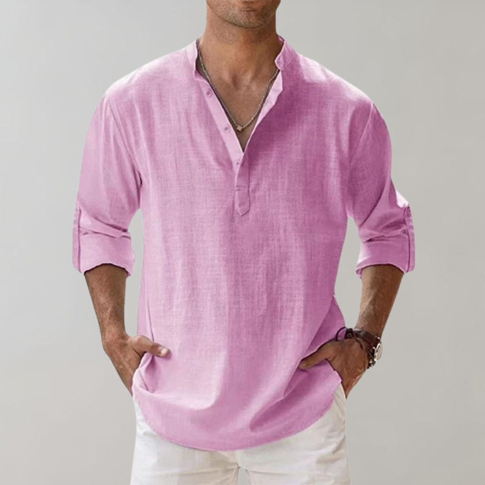 Chemise légère en lin pour homme – chemise à manches longues avec encolure en V et manches retroussables pour l'été et les loisirs