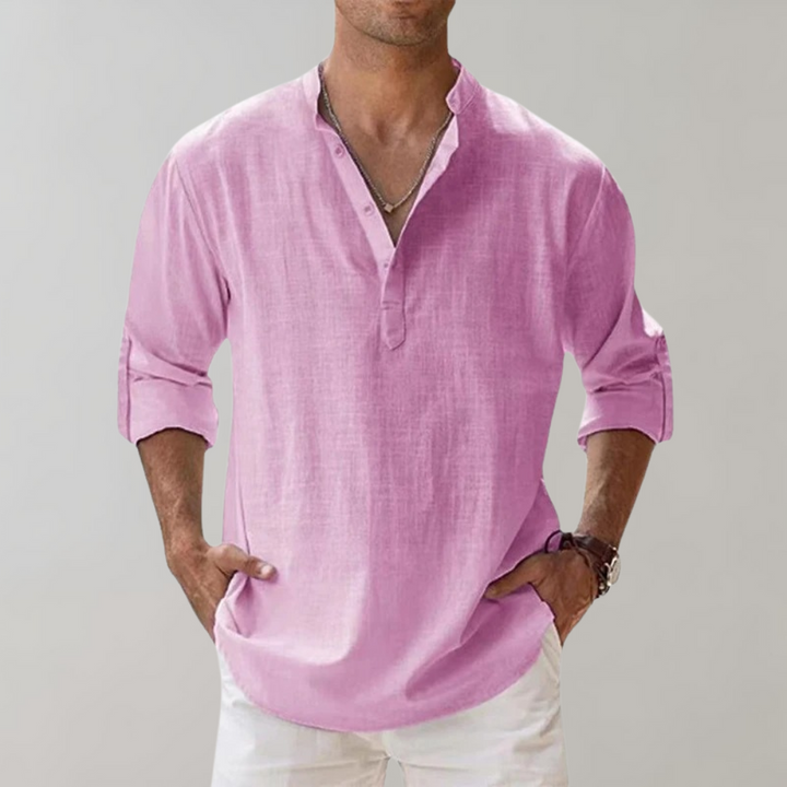 Chemise légère en lin pour homme – chemise à manches longues avec encolure en V et manches retroussables pour l'été et les loisirs