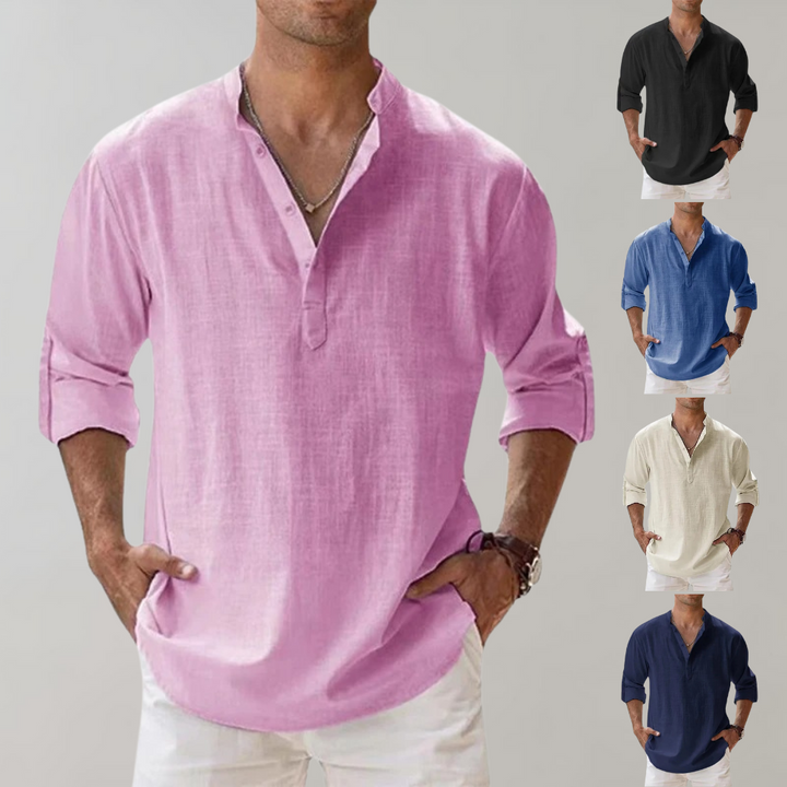 Chemise légère en lin pour homme – chemise à manches longues avec encolure en V et manches retroussables pour l'été et les loisirs