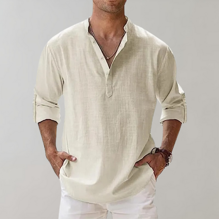 Chemise légère en lin pour homme – chemise à manches longues avec encolure en V et manches retroussables pour l'été et les loisirs