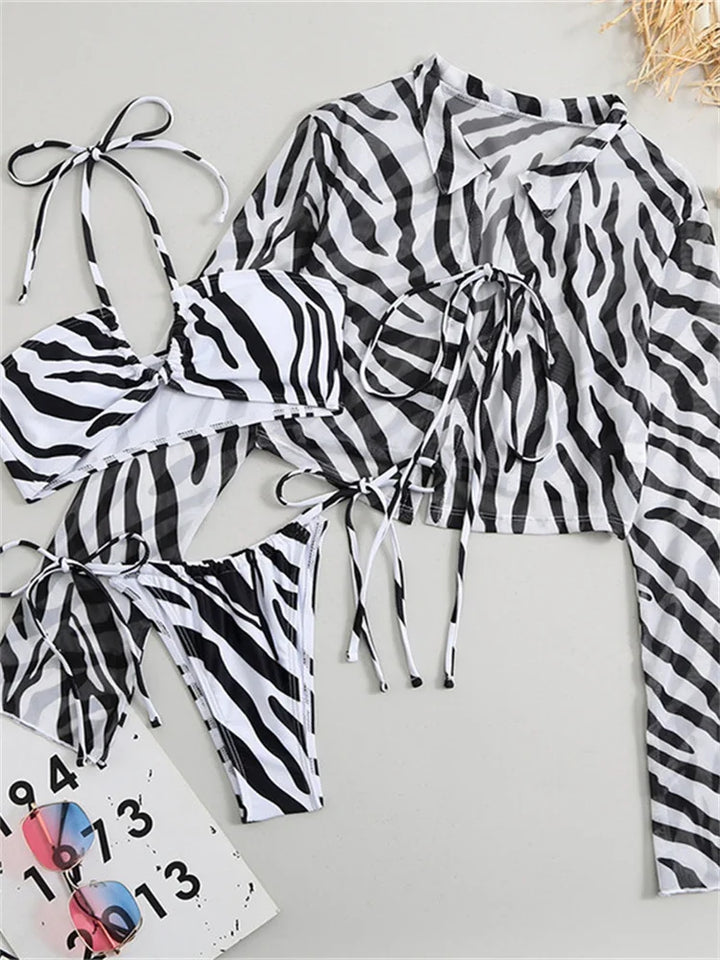 Set bikini da donna con stampa zebra e copricostume in mesh – set a 3 pezzi con cut-out per piscina e beach club