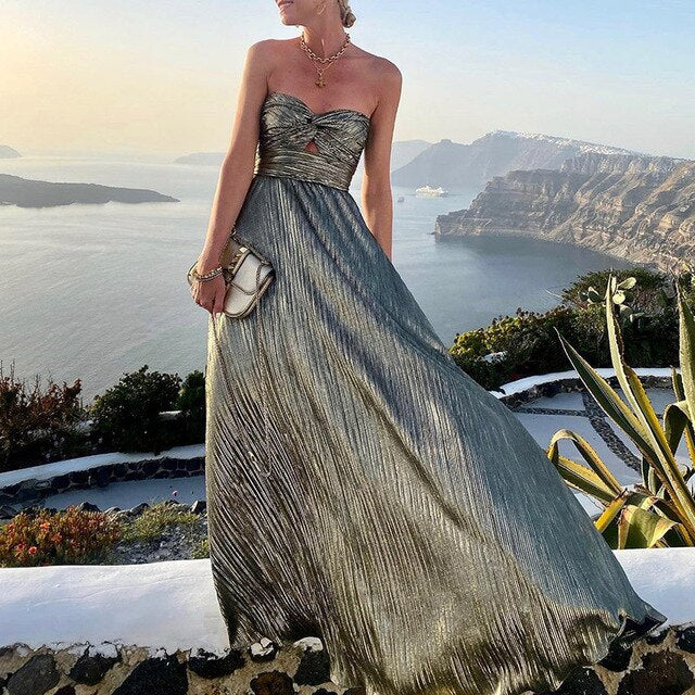 Abito lungo plissettato resistente con top a fascia e cut-out – Elegante abito da sera per matrimonio, gala e vacanza