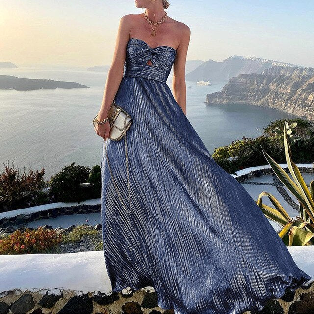 Abito lungo plissettato resistente con top a fascia e cut-out – Elegante abito da sera per matrimonio, gala e vacanza