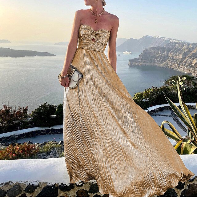 Abito lungo plissettato resistente con top a fascia e cut-out – Elegante abito da sera per matrimonio, gala e vacanza