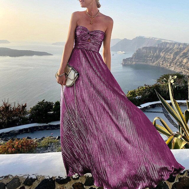 Abito lungo plissettato resistente con top a fascia e cut-out – Elegante abito da sera per matrimonio, gala e vacanza