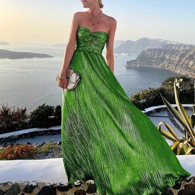Abito lungo plissettato resistente con top a fascia e cut-out – Elegante abito da sera per matrimonio, gala e vacanza