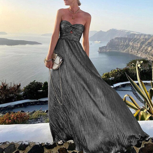 Abito lungo plissettato resistente con top a fascia e cut-out – Elegante abito da sera per matrimonio, gala e vacanza