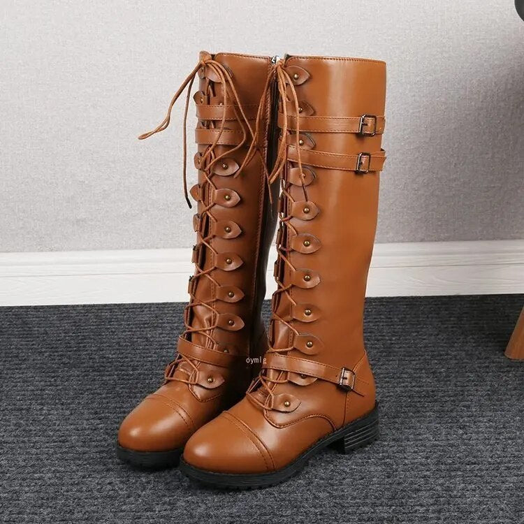 Bottes montantes à lacets pour femmes – Bottes de combat vintage avec boucles et talon bloc dans le style gothique steampunk