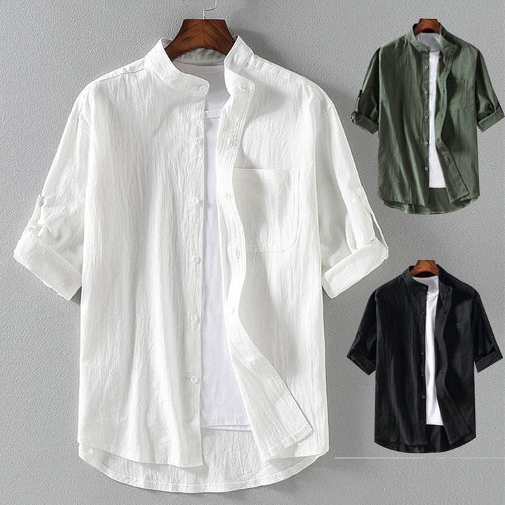 Camicia estiva in lino con colletto alla coreana stile Old Money per uomo