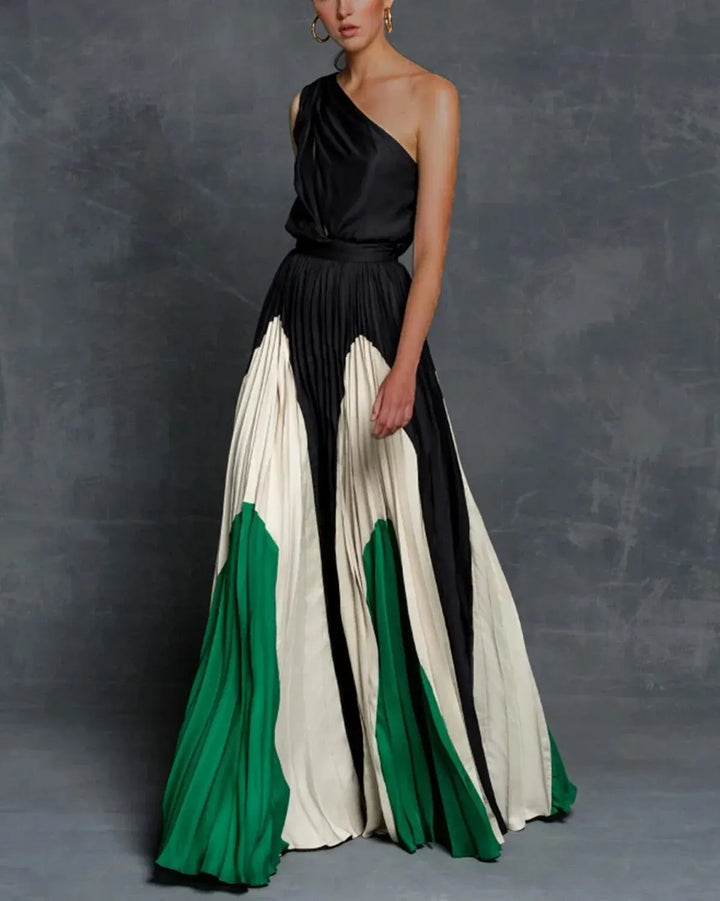 Elegante abito da sera per donna – Abito lungo asimmetrico con gonna plissettata e design monospalla