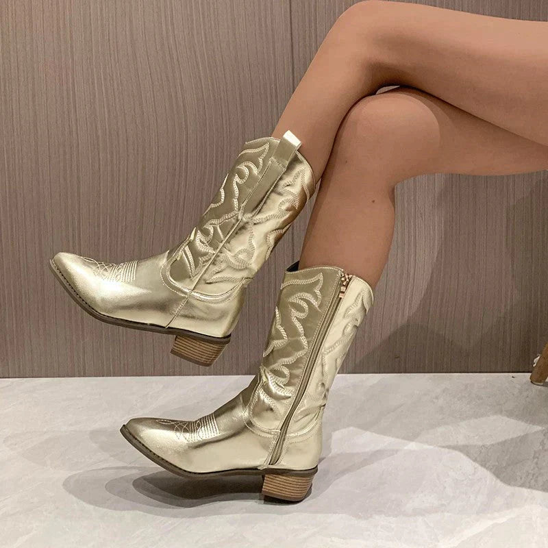 Bottes de cow-boy pour femmes avec broderie western et talon bloc – Bottes mi-mollet brillantes pour festival, rue et quotidien