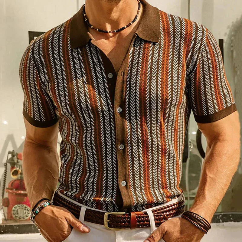 Chemise d'été homme avec motif rétro & patte de boutonnage – chemise décontractée manches courtes avec col