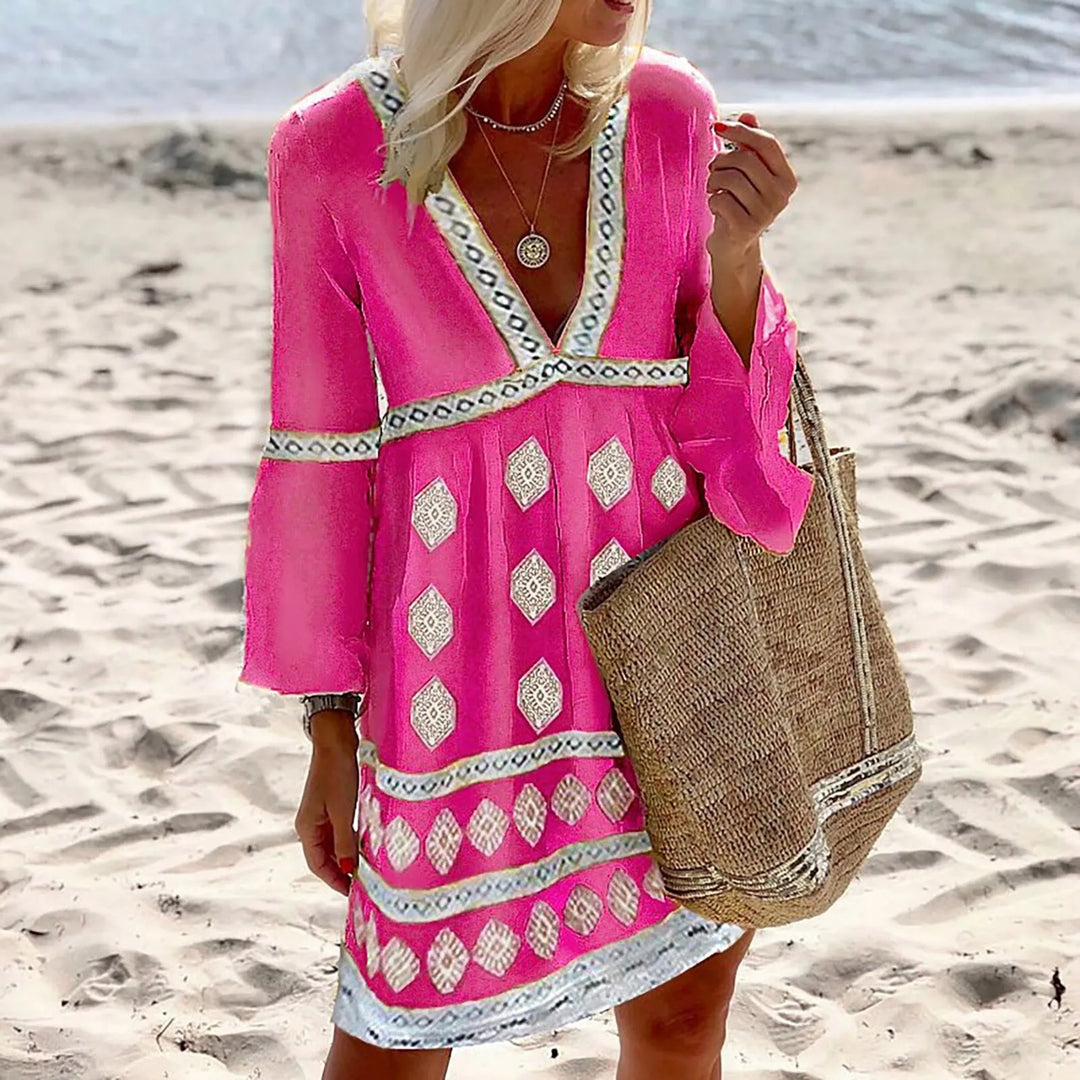 Abito da spiaggia boho da donna – abito tunica ampio con motivo etnico e scollo a V