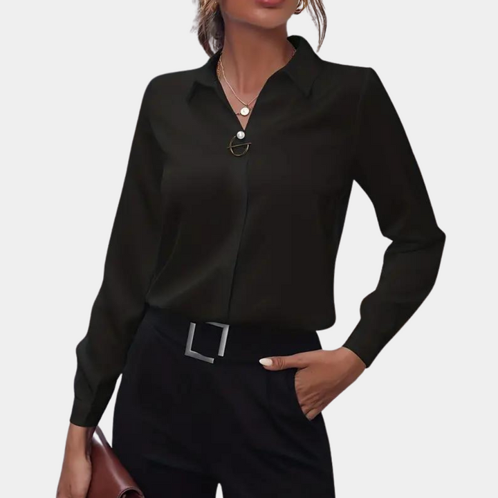 Elegante camicetta da donna con maniche lunghe e colletto – Camicetta da ufficio classica con scollo a V e bottone decorativo