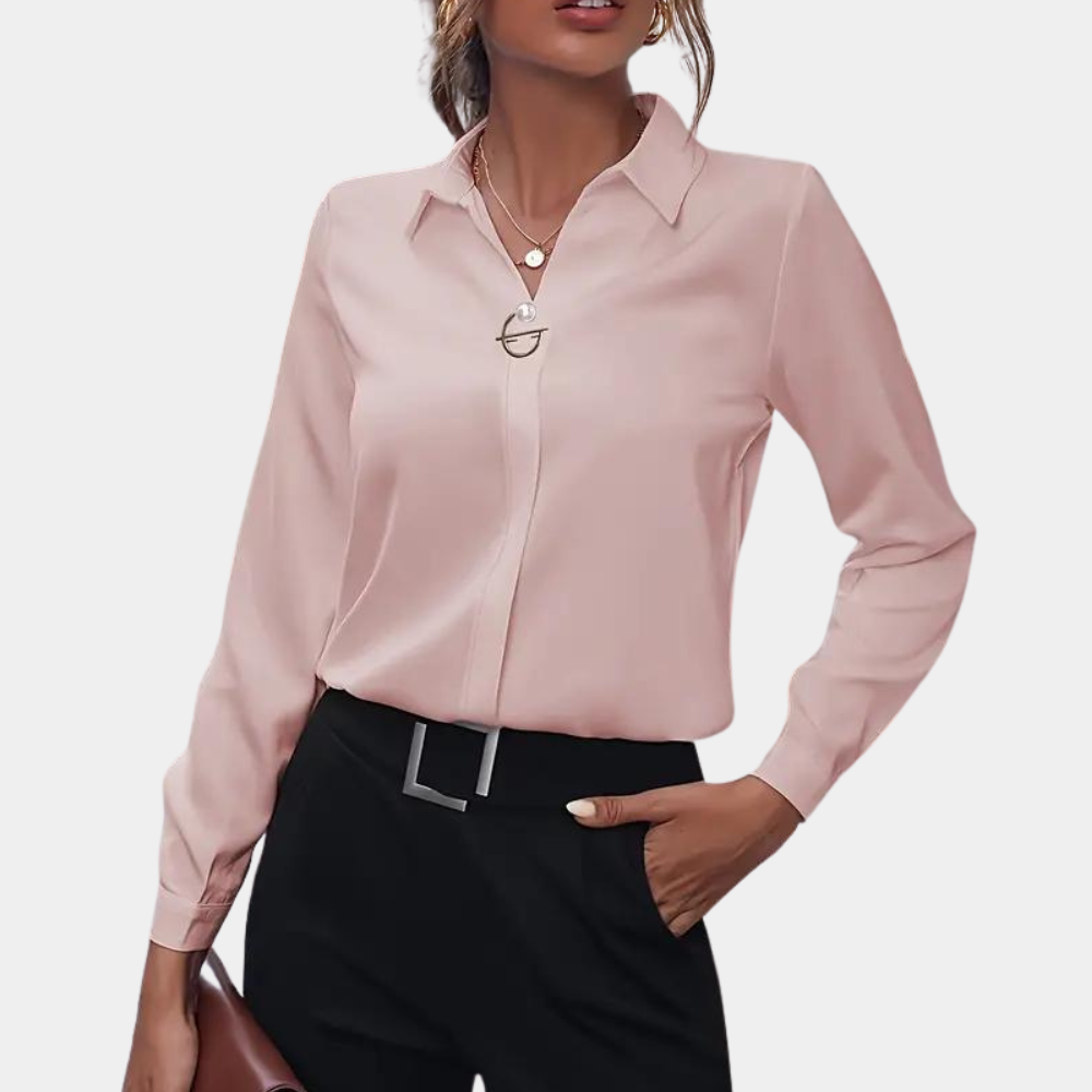Elegante camicetta da donna con maniche lunghe e colletto – Camicetta da ufficio classica con scollo a V e bottone decorativo