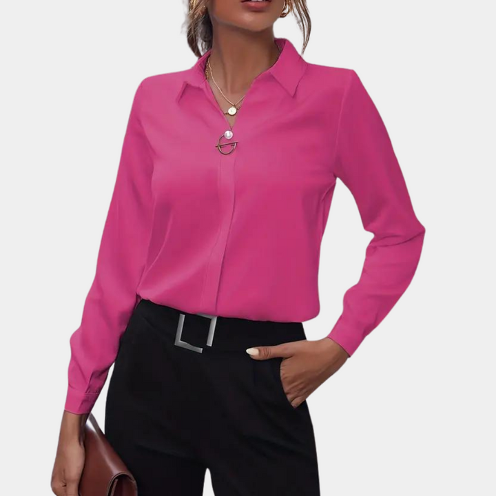 Elegante camicetta da donna con maniche lunghe e colletto – Camicetta da ufficio classica con scollo a V e bottone decorativo
