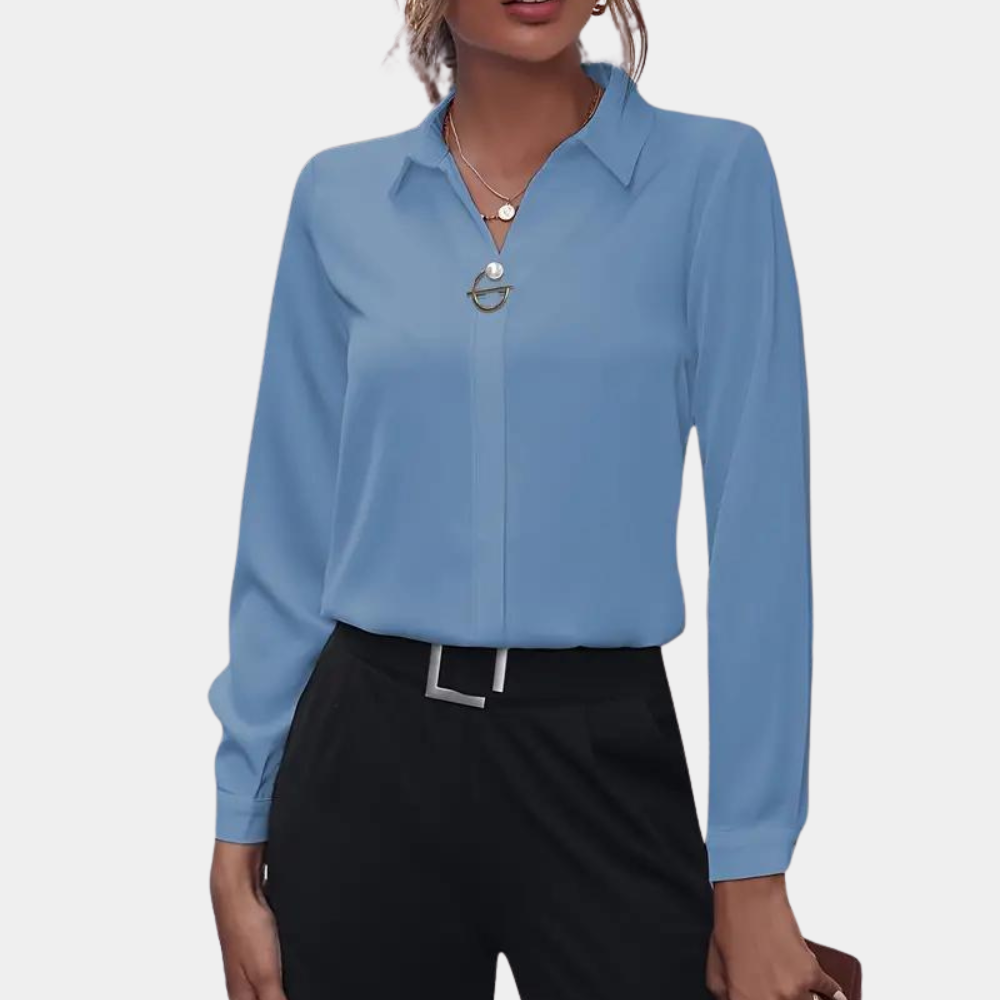 Elegante camicetta da donna con maniche lunghe e colletto – Camicetta da ufficio classica con scollo a V e bottone decorativo
