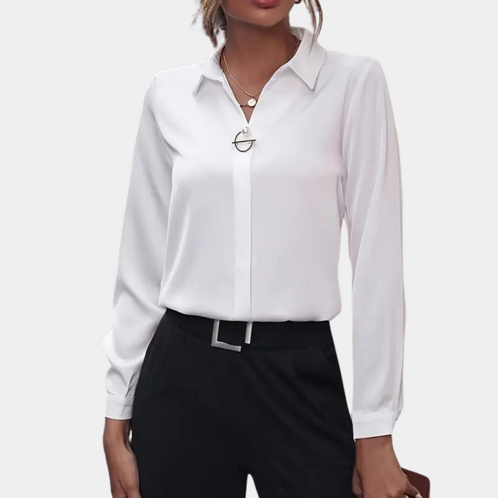 Elegante camicetta da donna con maniche lunghe e colletto – Camicetta da ufficio classica con scollo a V e bottone decorativo