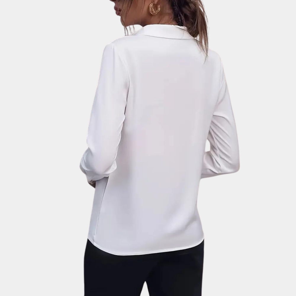 Elegante camicetta da donna con maniche lunghe e colletto – Camicetta da ufficio classica con scollo a V e bottone decorativo