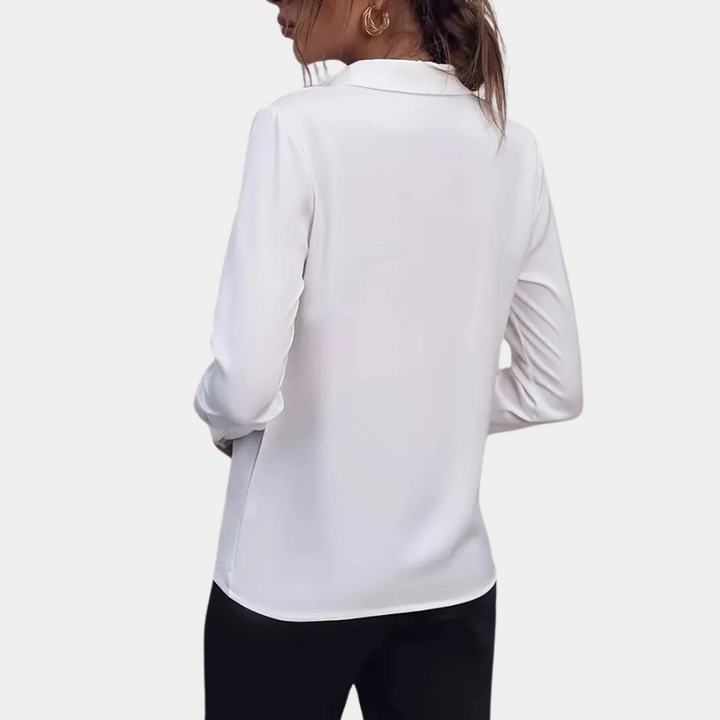 Elegante camicetta da donna con maniche lunghe e colletto – Camicetta da ufficio classica con scollo a V e bottone decorativo