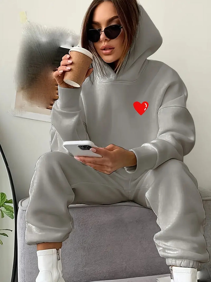 Set in due pezzi, felpa con cappuccio a maniche lunghe con stampa a cuore & pantaloni outfit