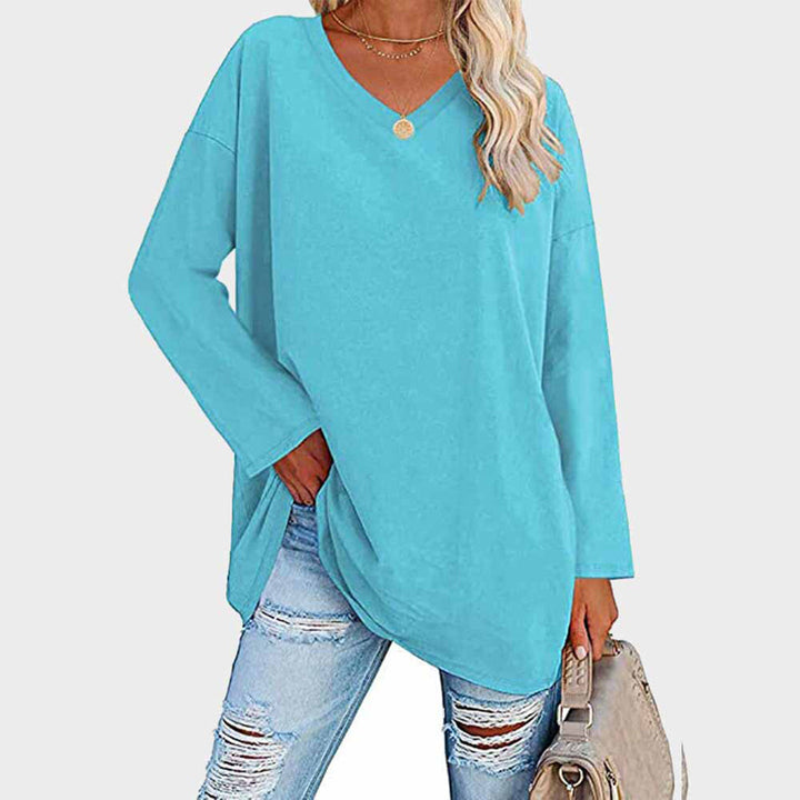 Maglia oversize da donna a manica lunga con scollo a V – Top basic casual a maniche lunghe