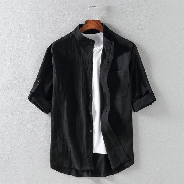 Chemise homme avec col montant – Chemise décontractée à manches longues en coton blanc