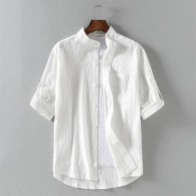 Chemise homme avec col montant – Chemise décontractée à manches longues en coton blanc