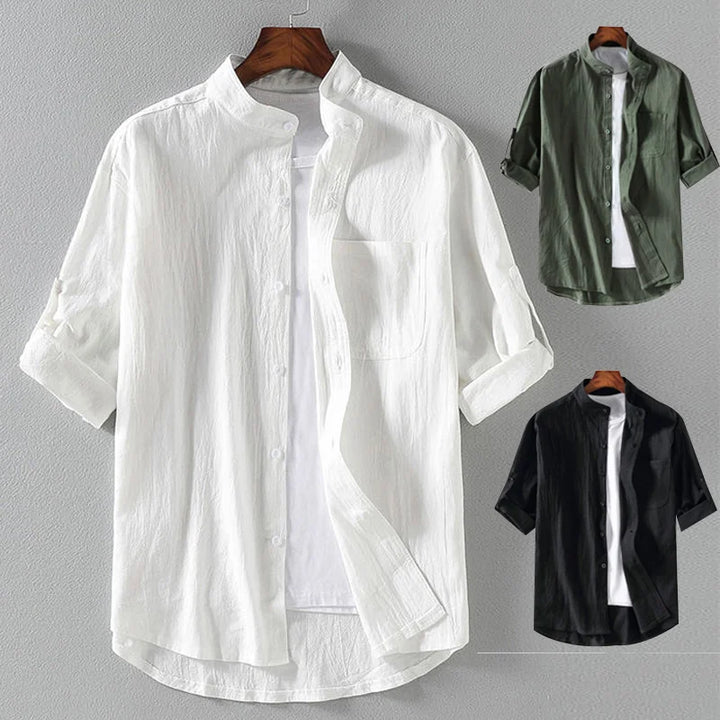 Chemise homme avec col montant – Chemise décontractée à manches longues en coton blanc