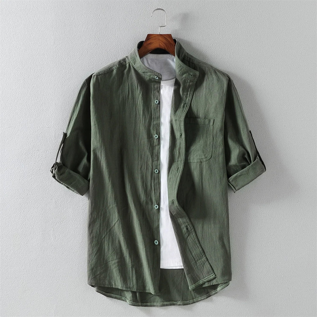 Chemise homme avec col montant – Chemise décontractée à manches longues en coton blanc