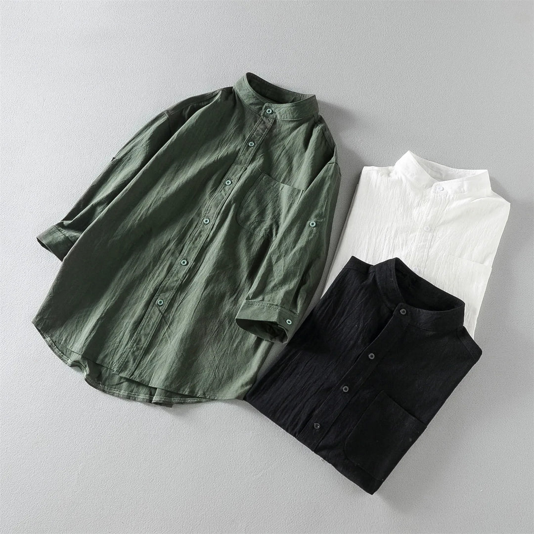 Chemise homme avec col montant – Chemise décontractée à manches longues en coton blanc