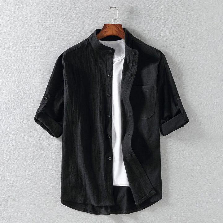 Chemise homme avec col montant – Chemise décontractée à manches longues en coton blanc