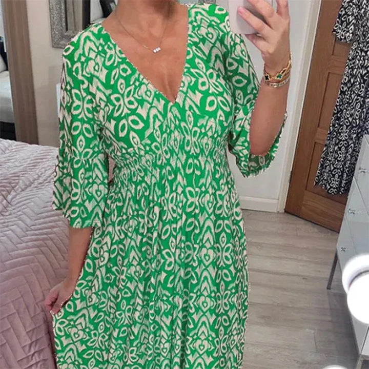 Boho Midikleid Damen – Sommerkleid mit V-Ausschnitt & 3/4-Ärmeln, lockere Passform