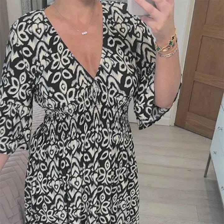 Boho Midikleid Damen – Sommerkleid mit V-Ausschnitt & 3/4-Ärmeln, lockere Passform