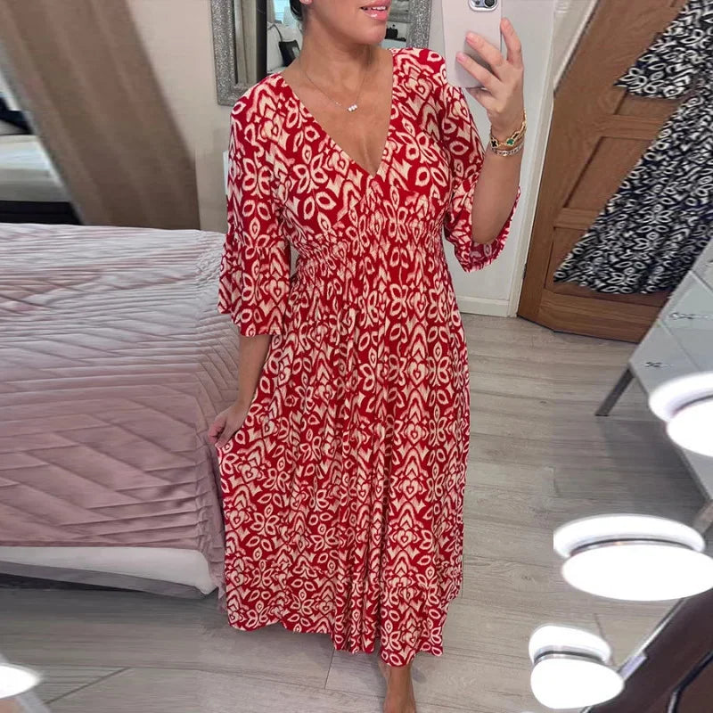 Boho Midikleid Damen – Sommerkleid mit V-Ausschnitt & 3/4-Ärmeln, lockere Passform