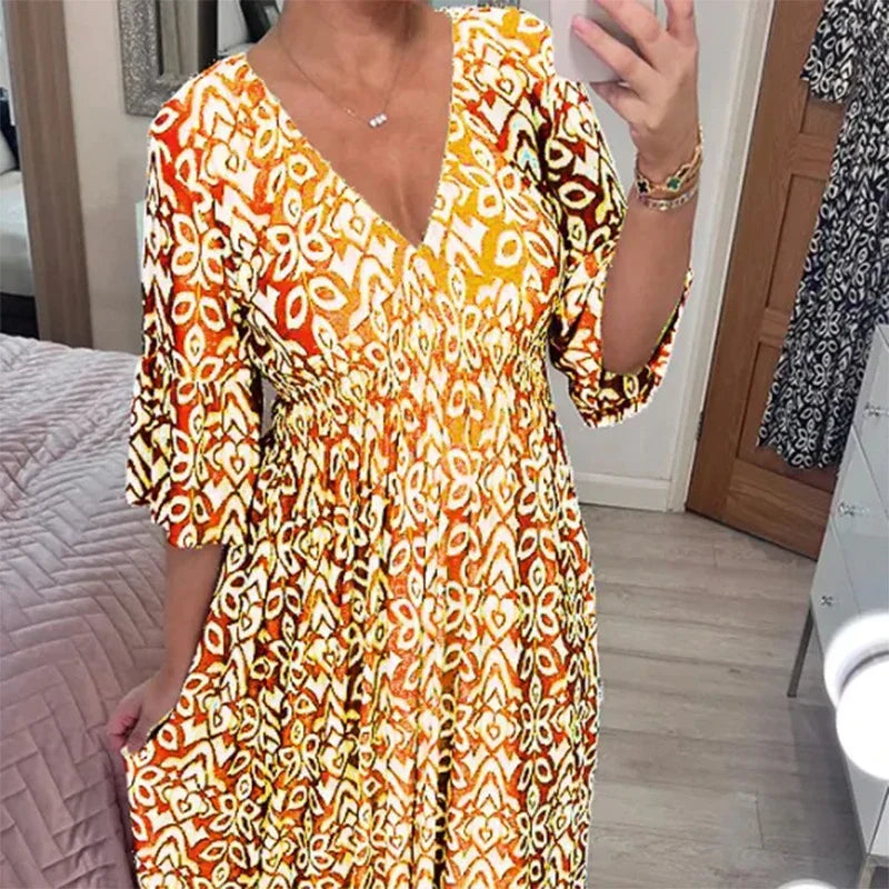 Boho Midikleid Damen – Sommerkleid mit V-Ausschnitt & 3/4-Ärmeln, lockere Passform