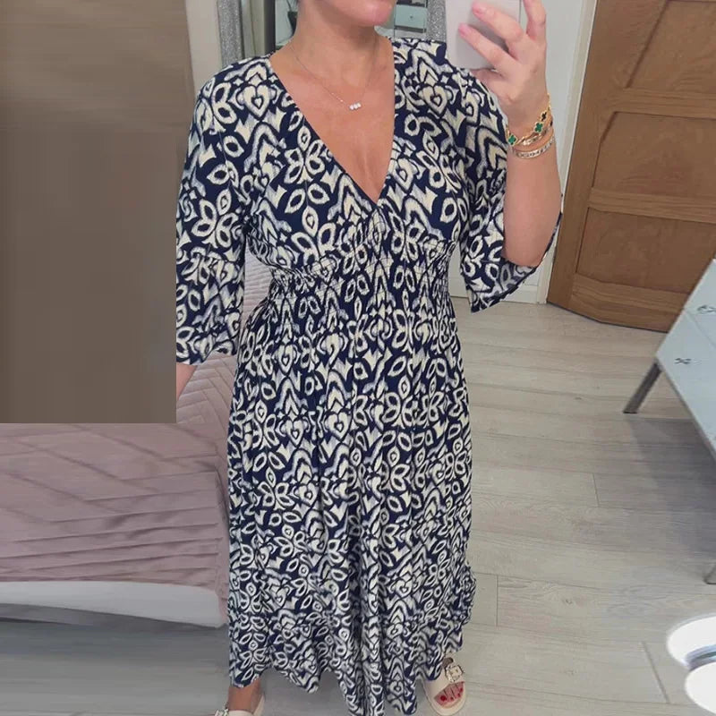 Boho Midikleid Damen – Sommerkleid mit V-Ausschnitt & 3/4-Ärmeln, lockere Passform