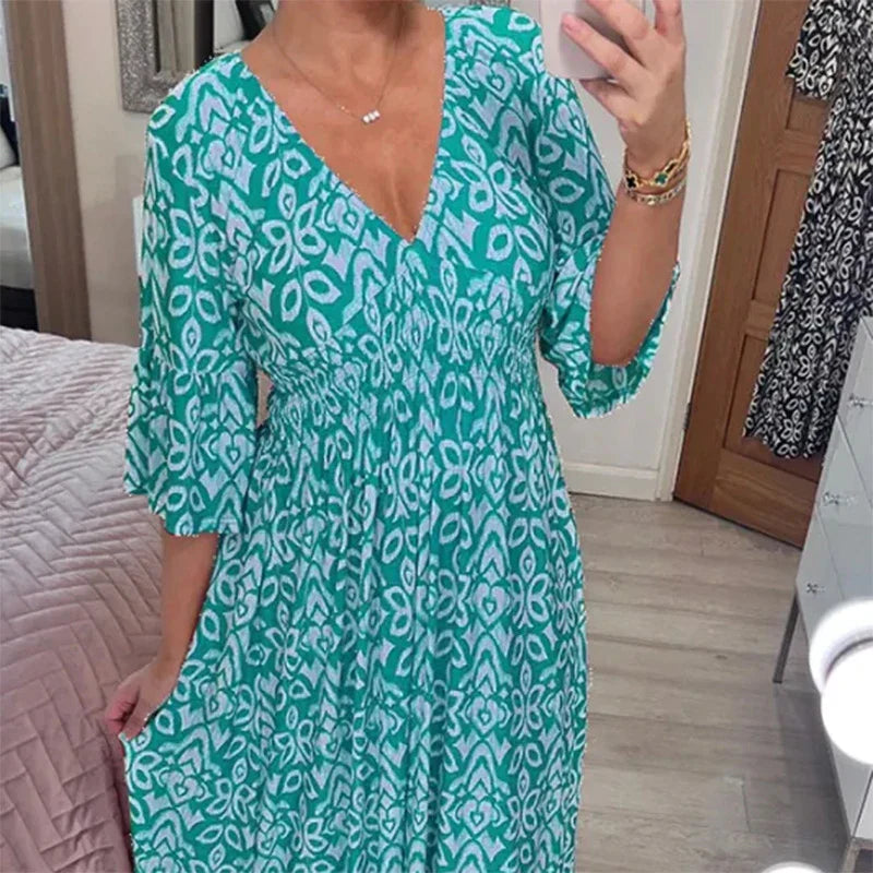 Boho Midikleid Damen – Sommerkleid mit V-Ausschnitt & 3/4-Ärmeln, lockere Passform