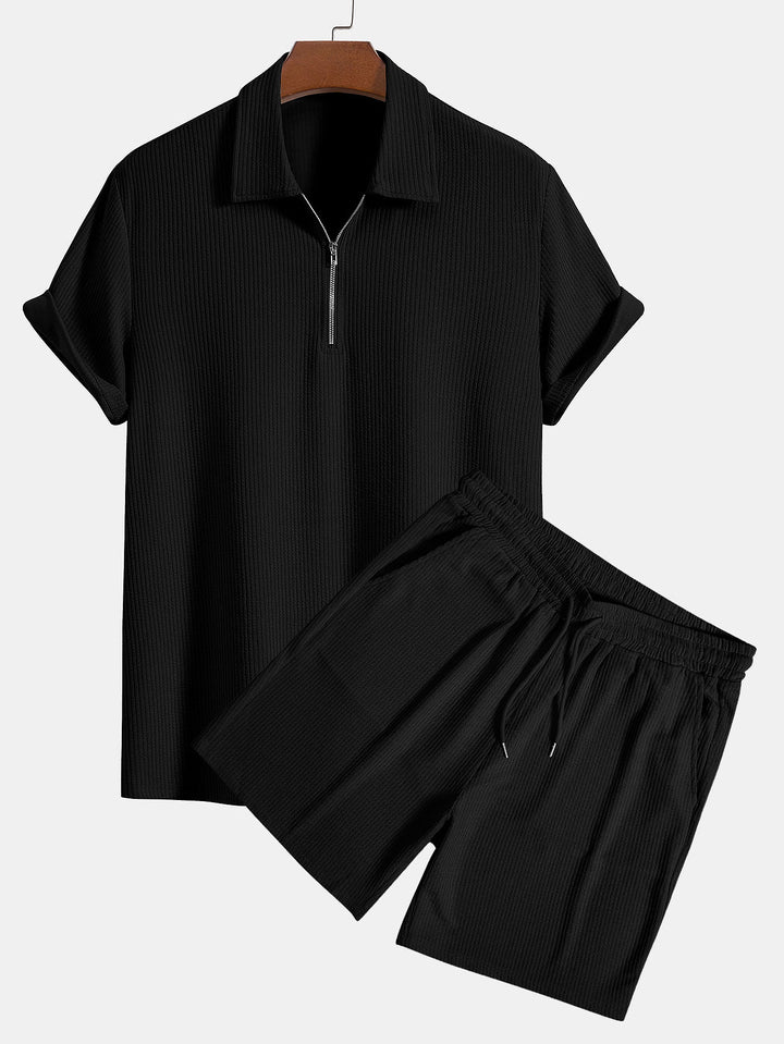 Ensemble d'été homme 2 pièces – T-shirt à manches courtes avec fermeture éclair & short en tissu côtelé