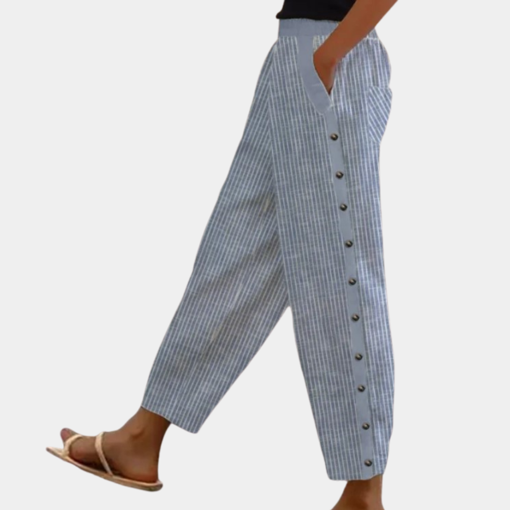 Pantalon en lin pour femmes avec patte de boutonnage – Pantalon d'été confortable avec poches et motif à rayures