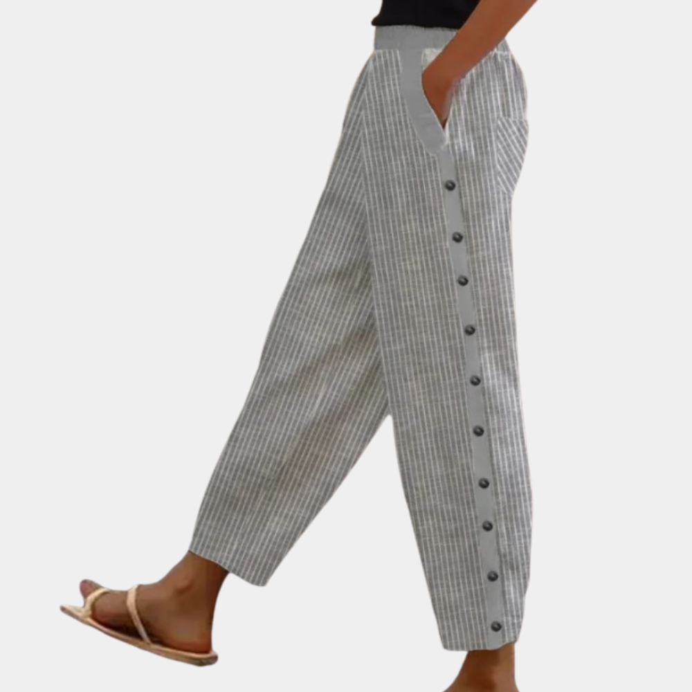 Pantalon en lin pour femmes avec patte de boutonnage – Pantalon d'été confortable avec poches et motif à rayures