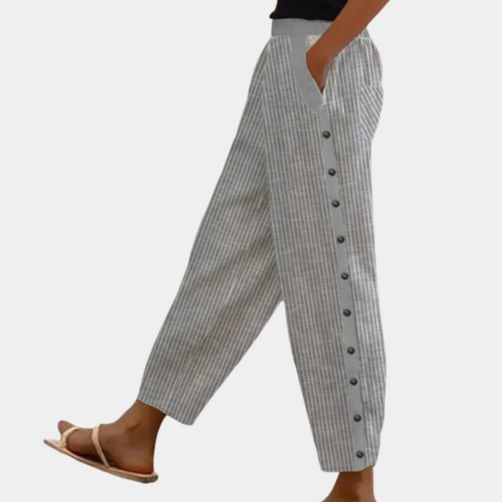 Pantalon en lin pour femmes avec patte de boutonnage – Pantalon d'été confortable avec poches et motif à rayures