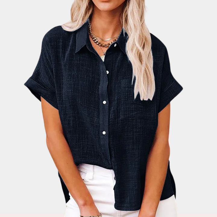 Camicia di lino donna estate – camicia a maniche corte con abbottonatura e taschino sul petto